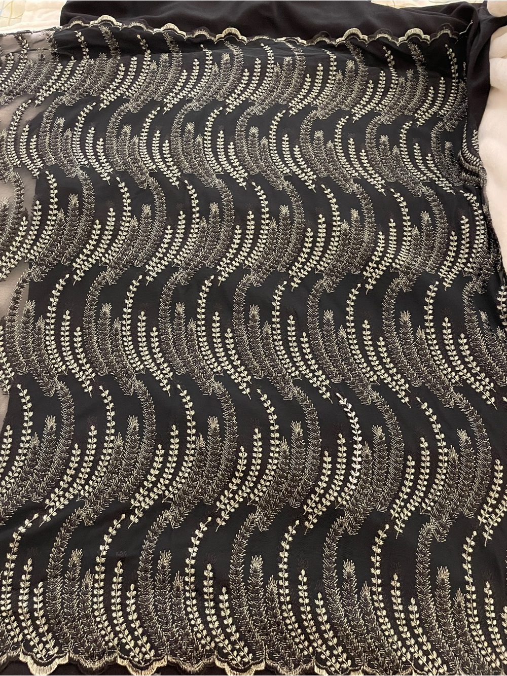 Embroidered Black Chiffon Metallic Gold Wave Purchased in Italy 130 by 36 inches